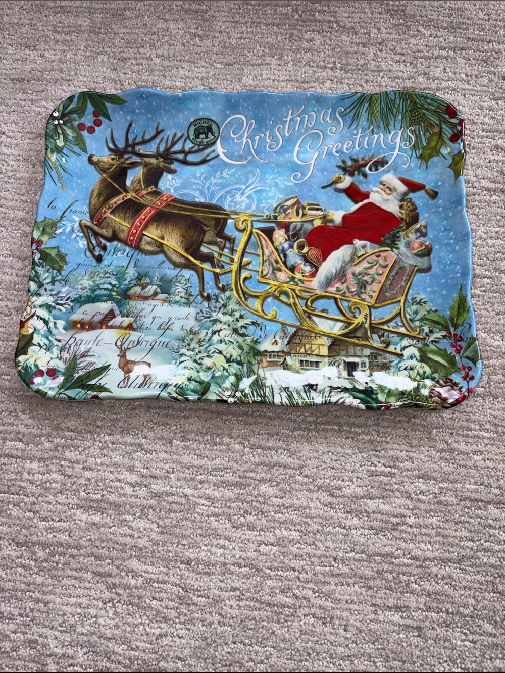 Michel Design Works Christmas Joy Santa Sleigh & Reindeer Melamine Cookie Tray